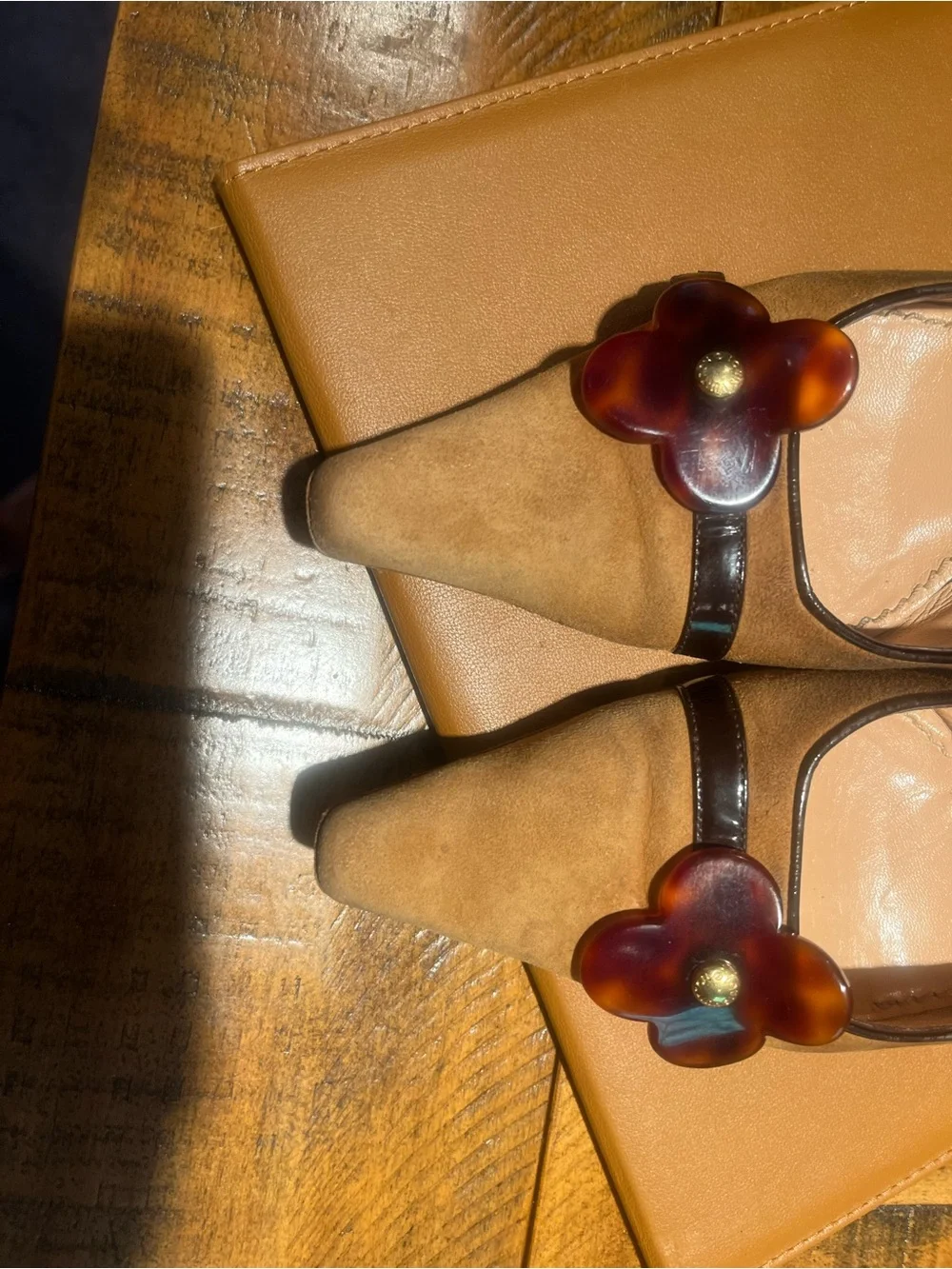 Louis Vuitton Vintage Camel Brown Slingback Kitten Heels with Floral Accent